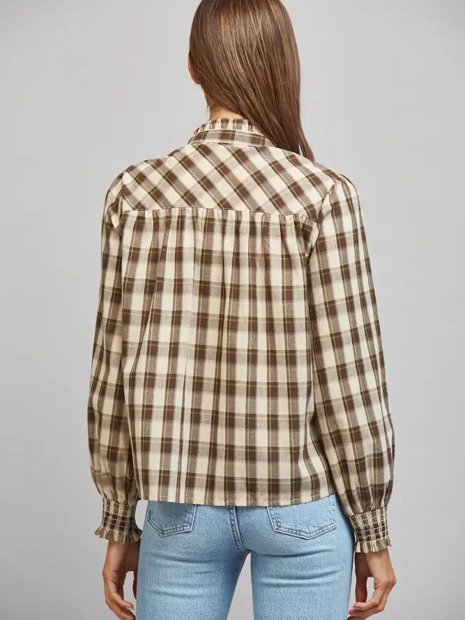 Plaid Ruffled High Collar Button Down Blouse