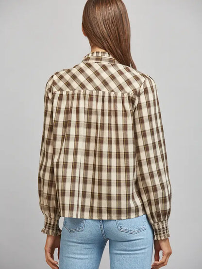 Plaid Ruffled High Collar Button Down Blouse
