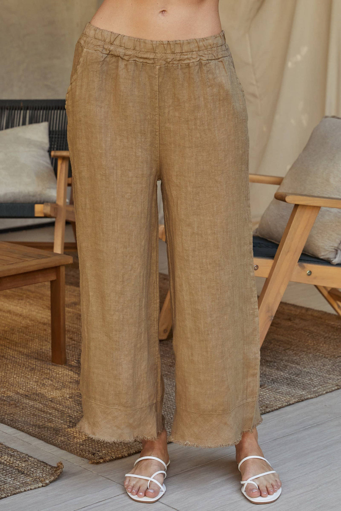 Italian Linen Fringe Hem Wide Leg Pants