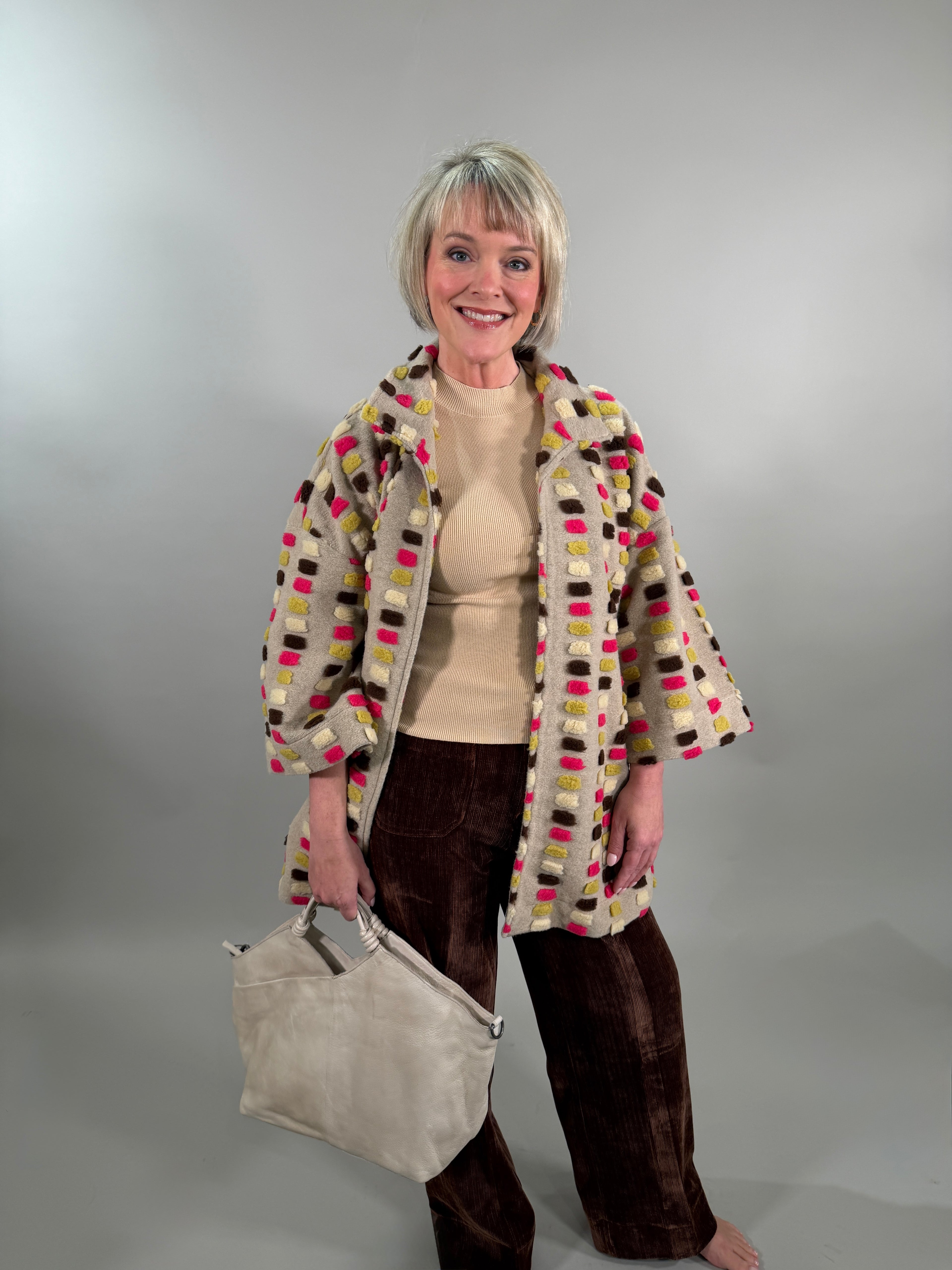 Textured Block Knit Mid-Length Coat