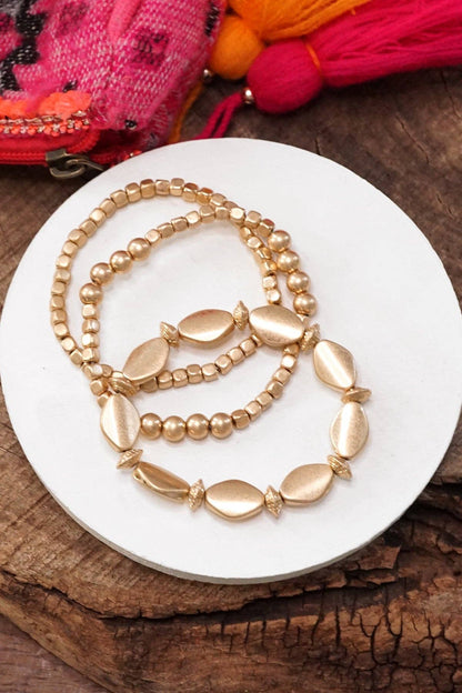 Worn Gold tone 3 Boho bracelets stack multi size ball beaded