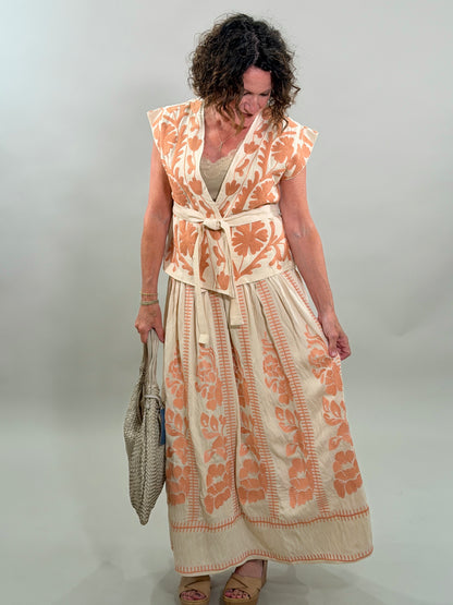Coral Embroidered Vest with Belt
