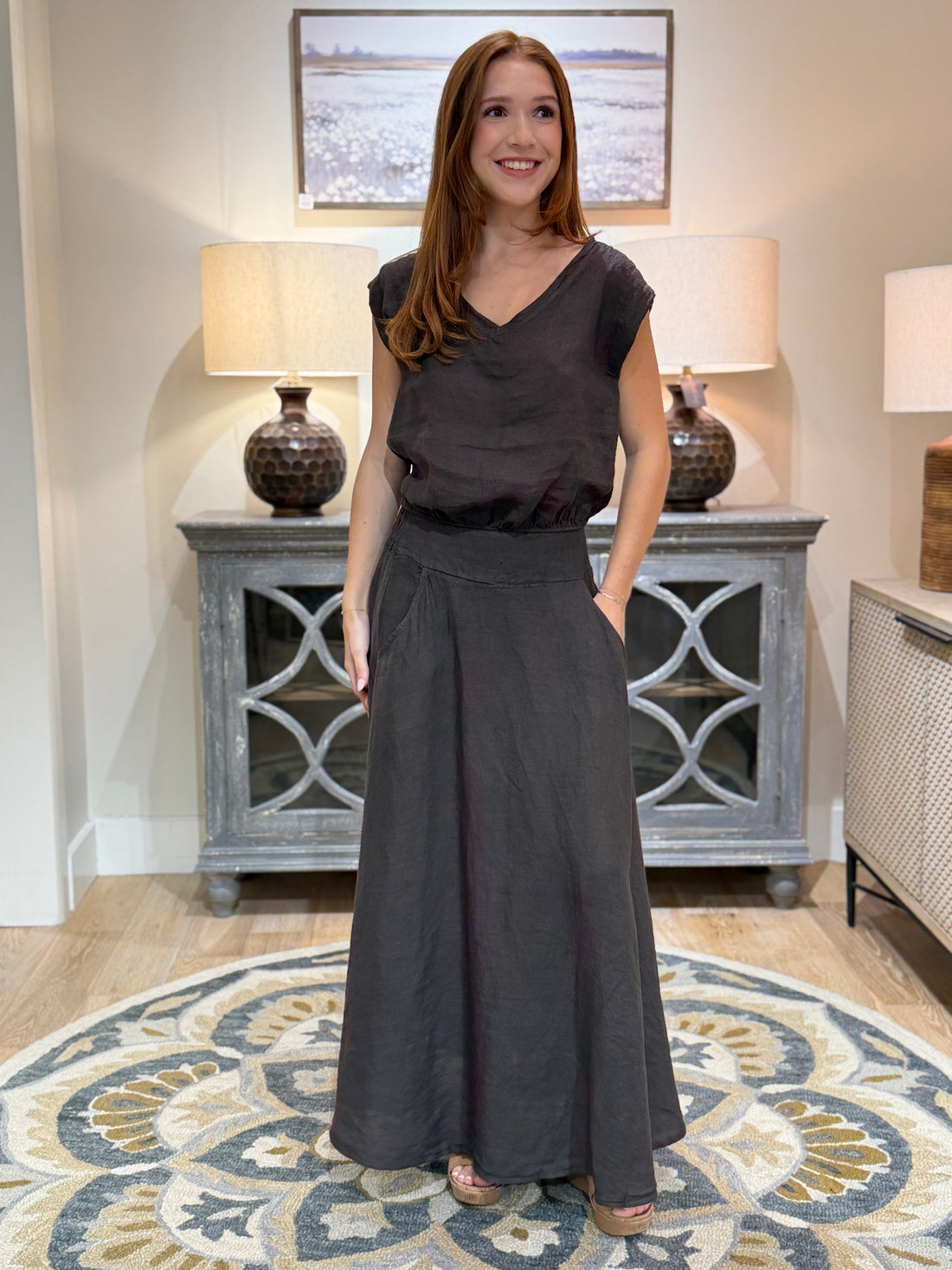 Linen Maxi Skirt With Pockets And Smocked Waistband