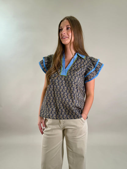 Midnight Floral Flutter Sleeve Top