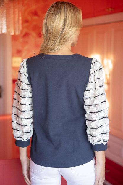 Puff Striped Diamond Tull Detailed Knit Top