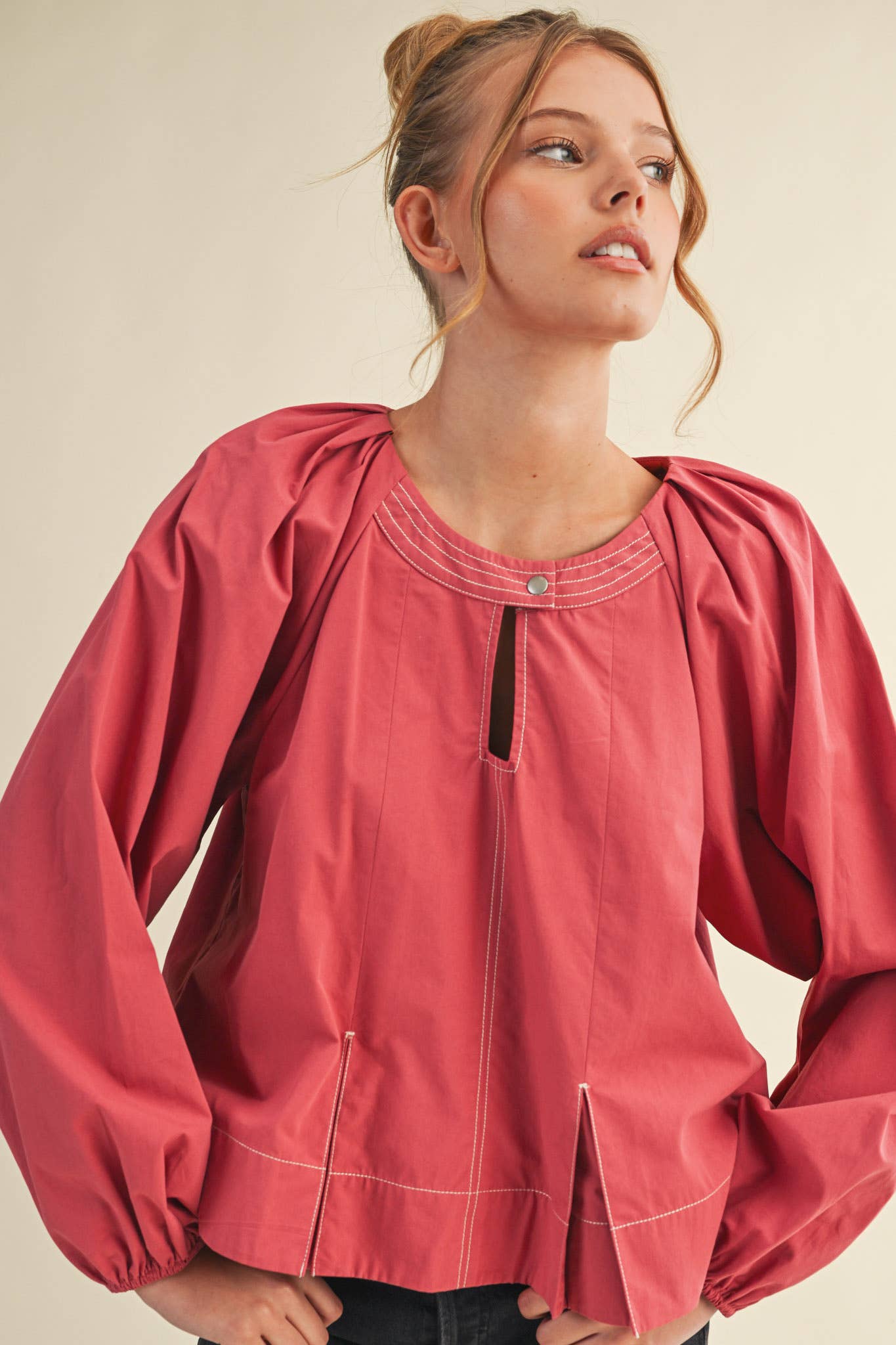 Contrast Stitch Pleated Blouse