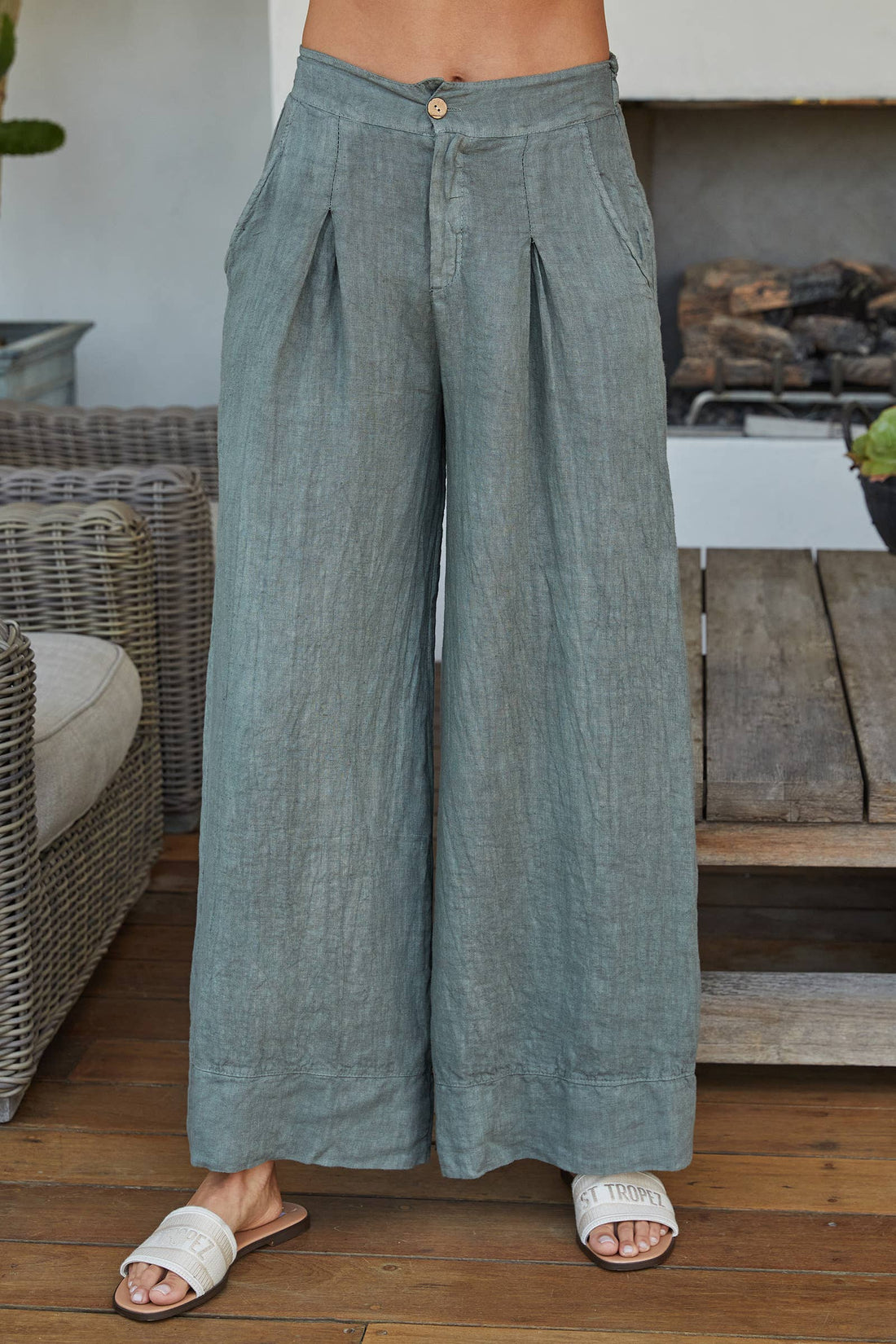 Button Front Palazzo Linen Pants