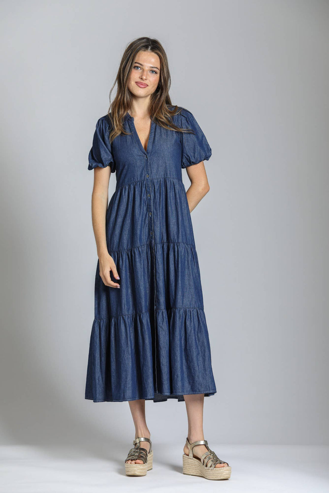 Medium Indigo Long Tiered Dress With Puff Sleeve