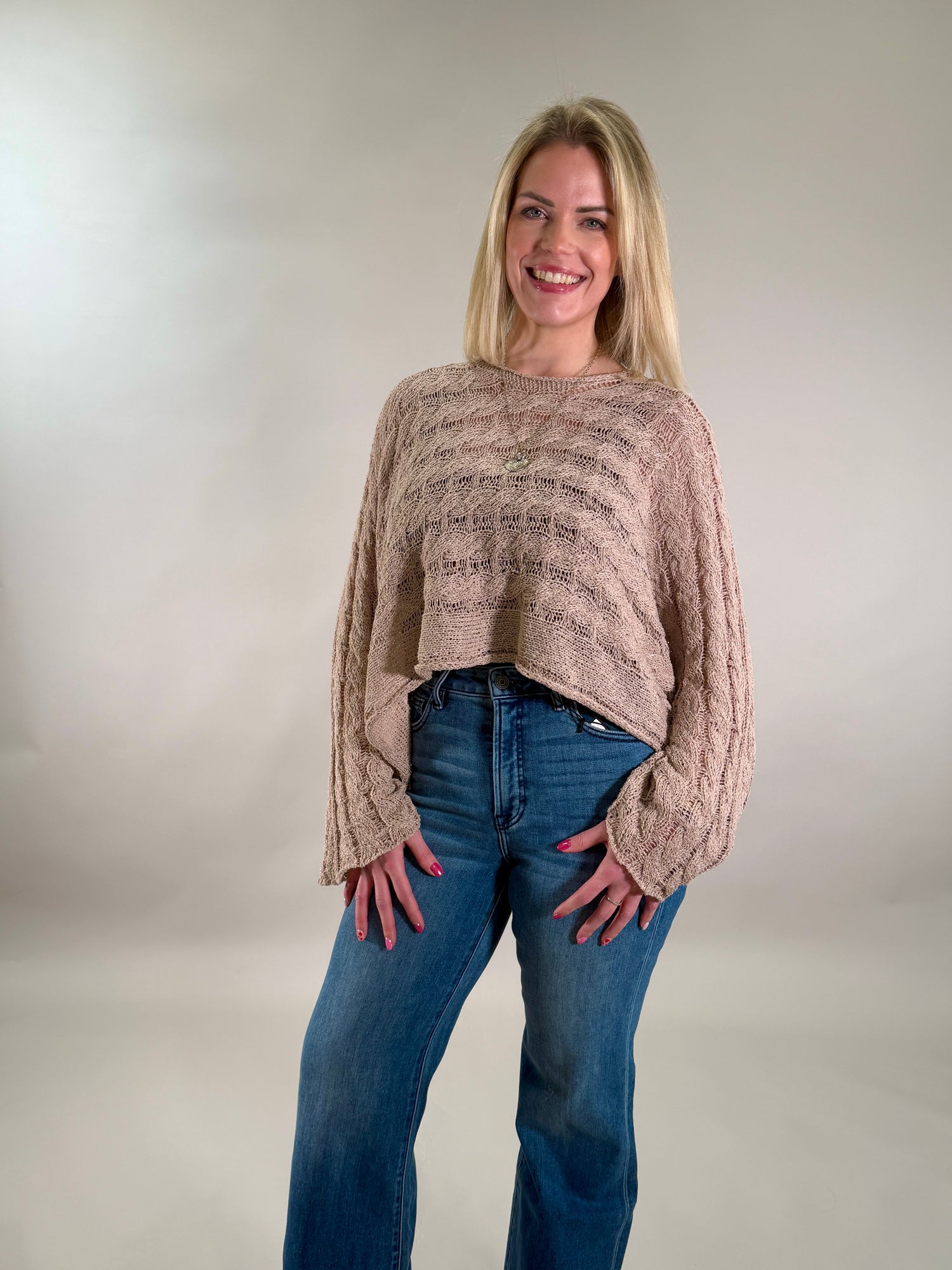 Airy Cable Knit Poncho-Style Sweater