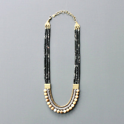 Triple Strand Black and Gray Beaded Necklace