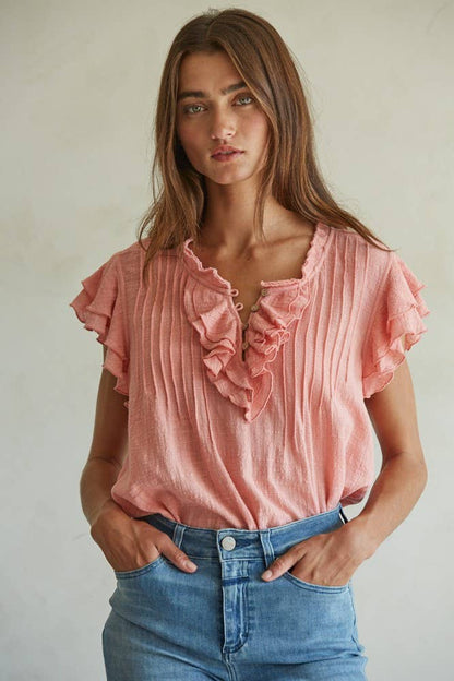 Woven Cotton Linen Button V-Neck Short Sleeve Top