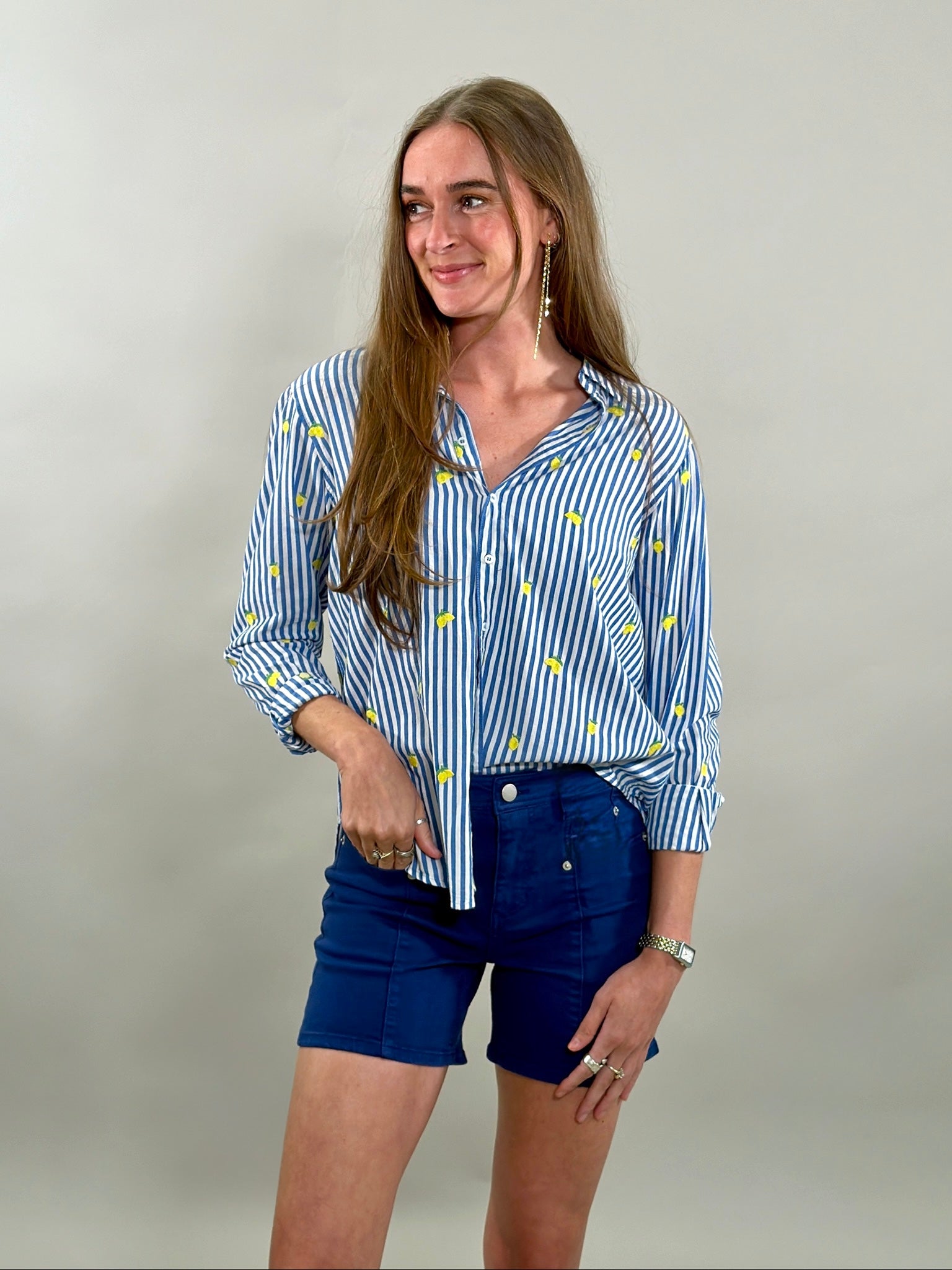 Embroidered Lemon Striped Button-Down