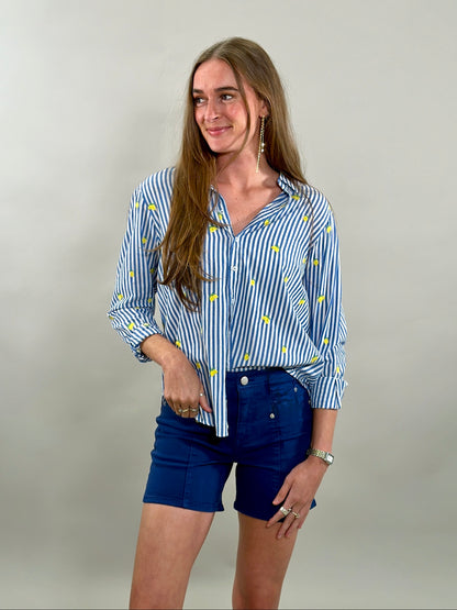 Embroidered Lemon Striped Button-Down