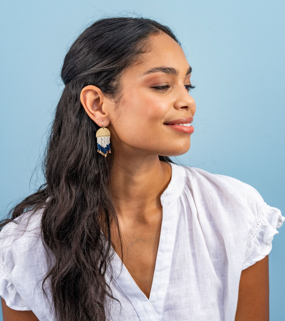 Claudia Curved Pattern Short Beaded Fringe Earrings