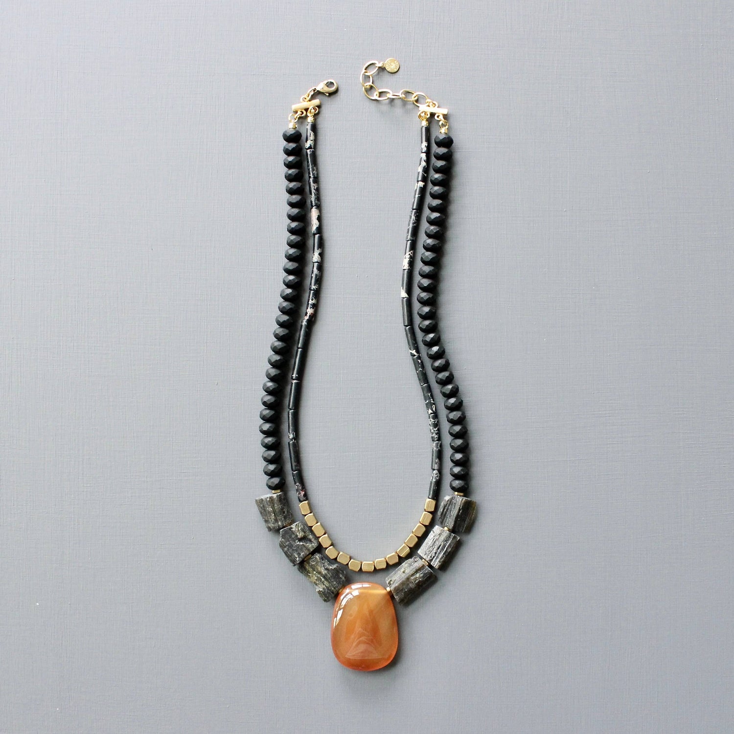 Double Strand Tourmaline and Carnelian Pendant Necklace
