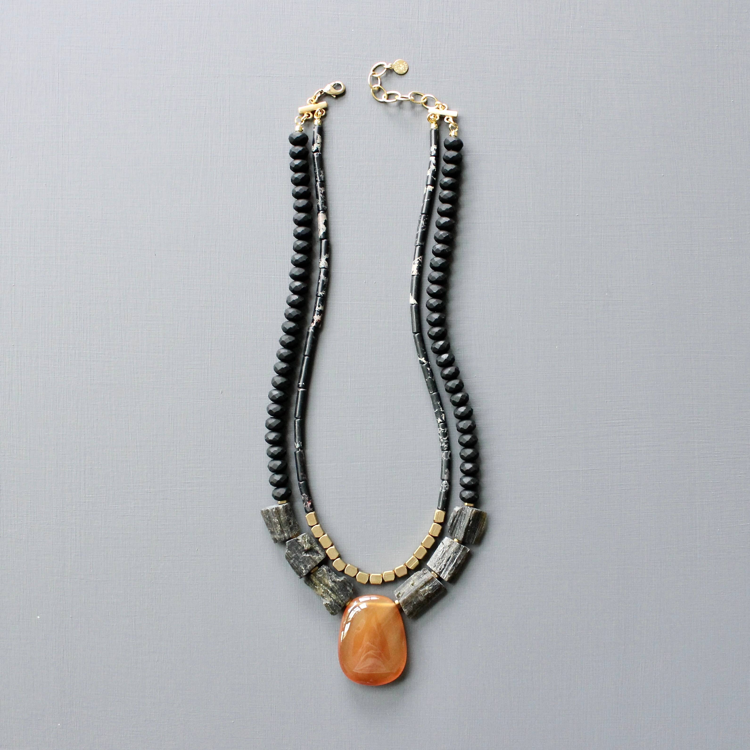 Double Strand Tourmaline and Carnelian Pendant Necklace