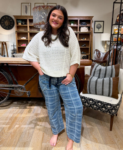 Plaid Semi Barrel Jeans with Tie Belt