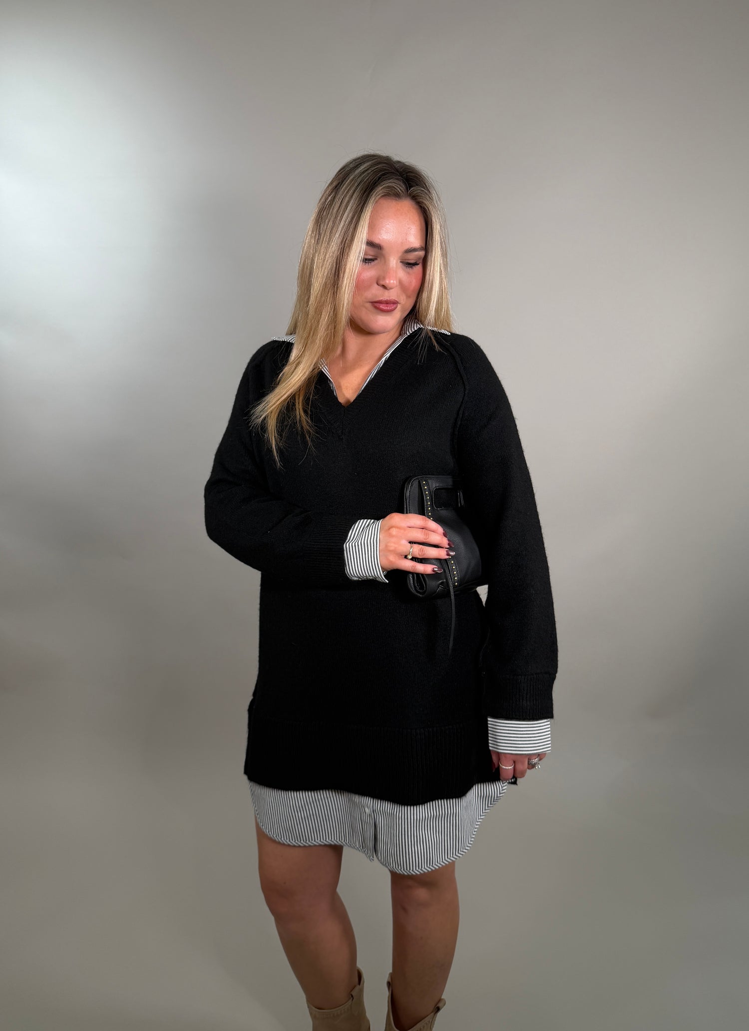 Layered V-Neck Black Sweater with Attached Shirt