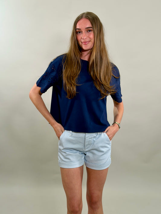 Cropped Boxy Tee with Eyelet Sleeve