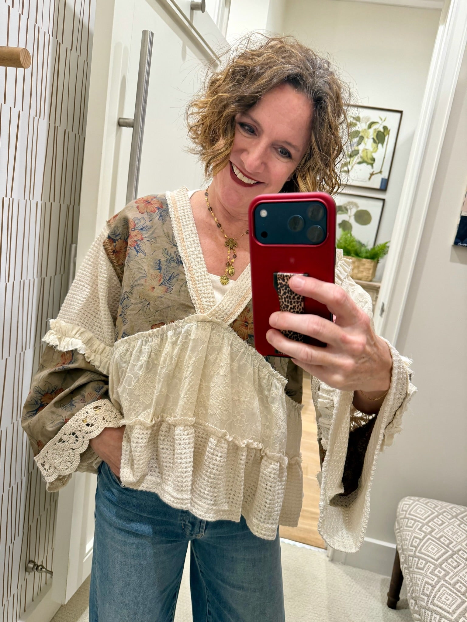 Earth-Toned Patchwork Peasant Top