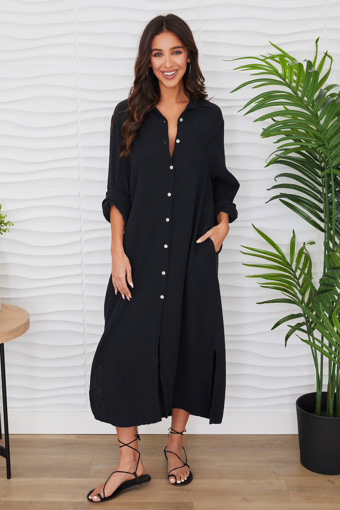 Long Sleeve Cotton/Linen Gauze Maxi Shirt Dress
