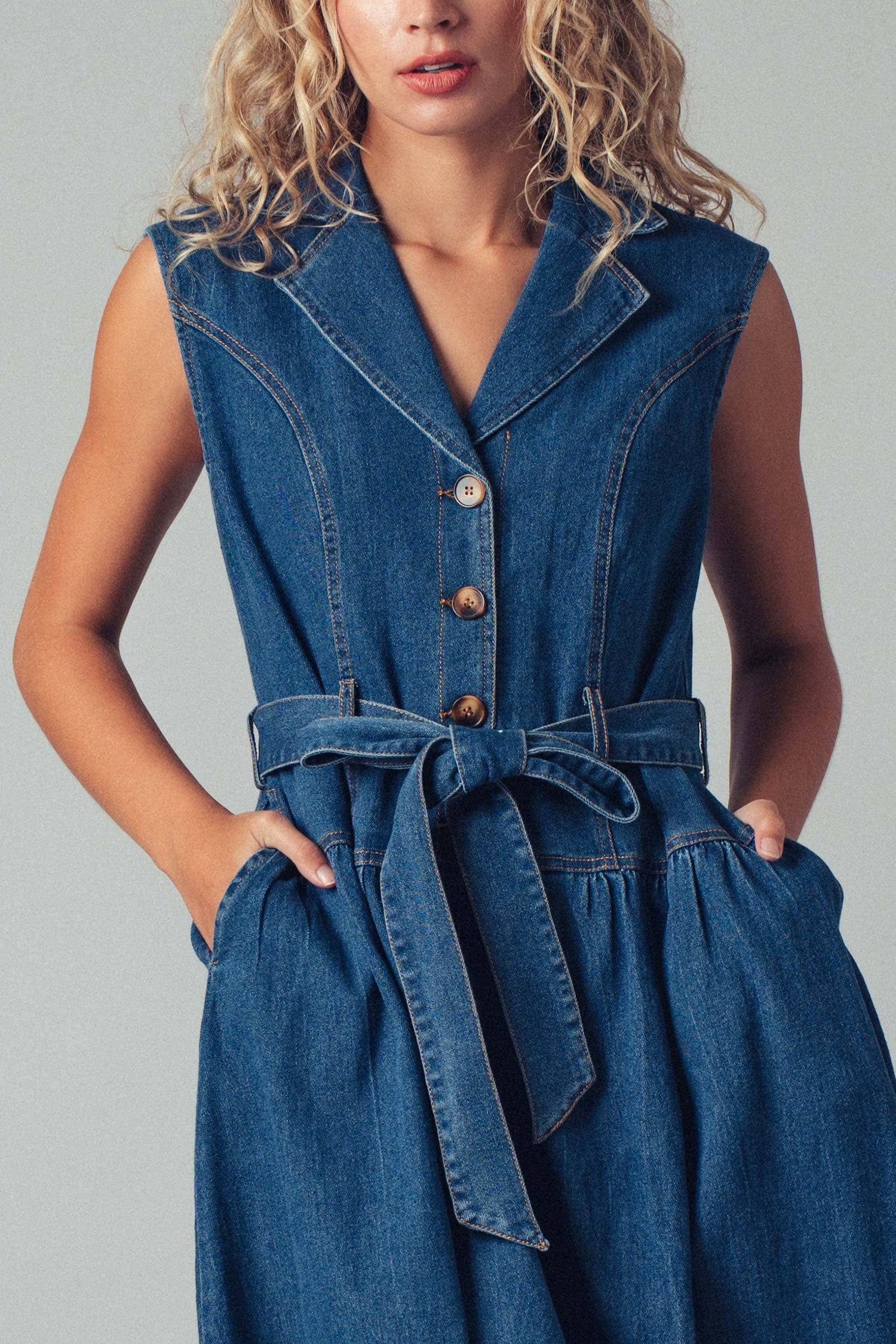 Sleeveless Belted Denim Midi Dress