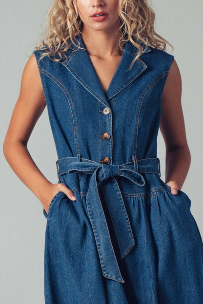 Sleeveless Belted Denim Midi Dress