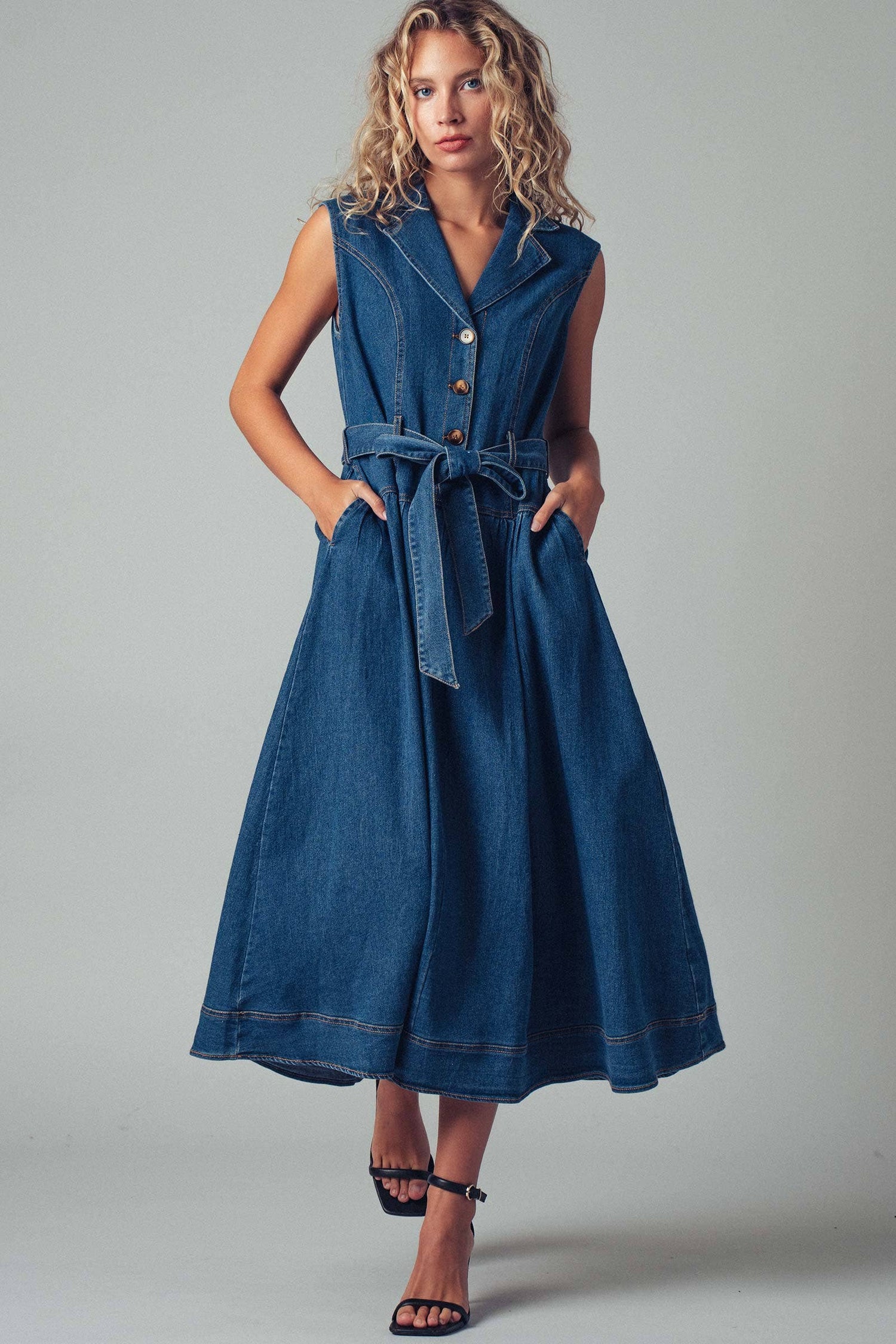 Sleeveless Belted Denim Midi Dress