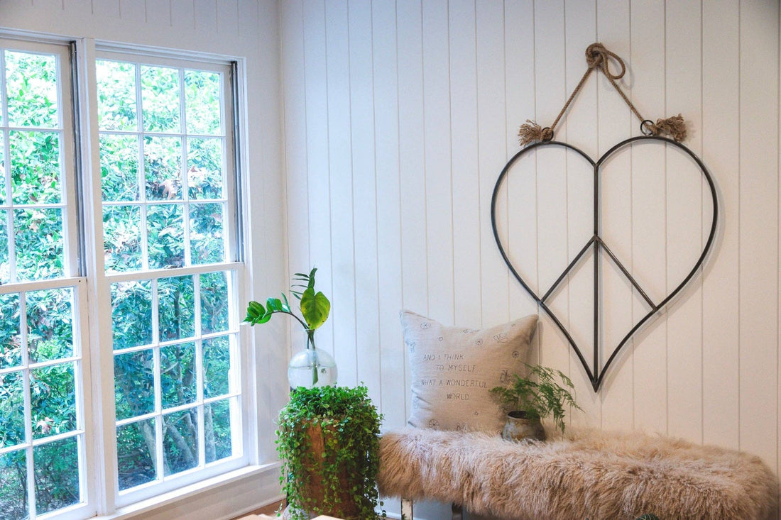 Hanging Metal &amp; Jute Heart Peace Sign 36&quot; x 36&quot;