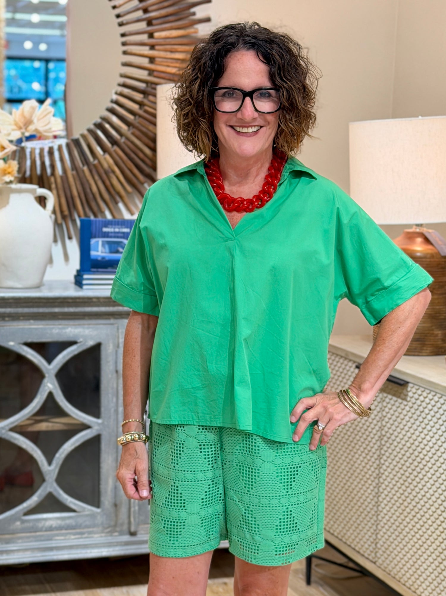 Vibrant Green Open-Knit Pull-On Shorts