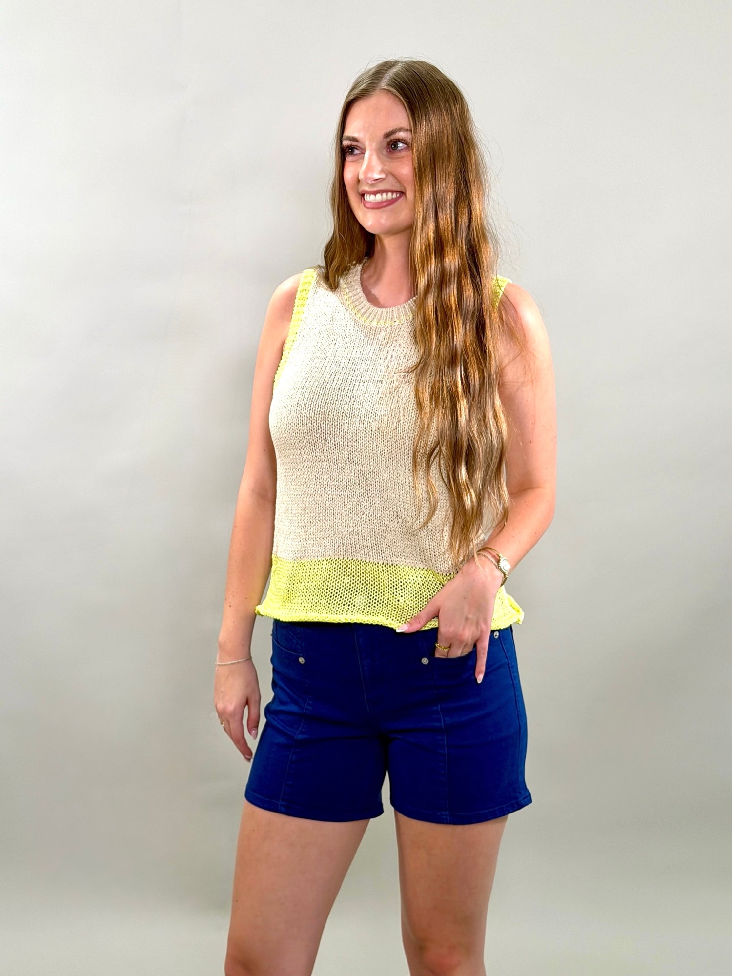 Color-Block Open Knit Sweater Tank