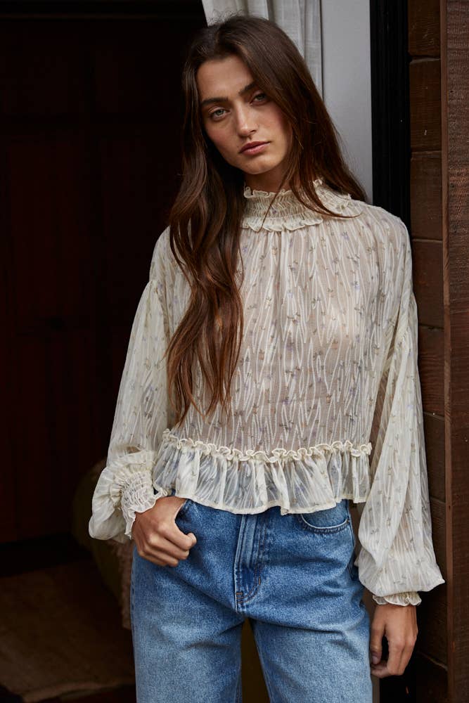 Woven Polyester Floral Print See Through Smocked Top
