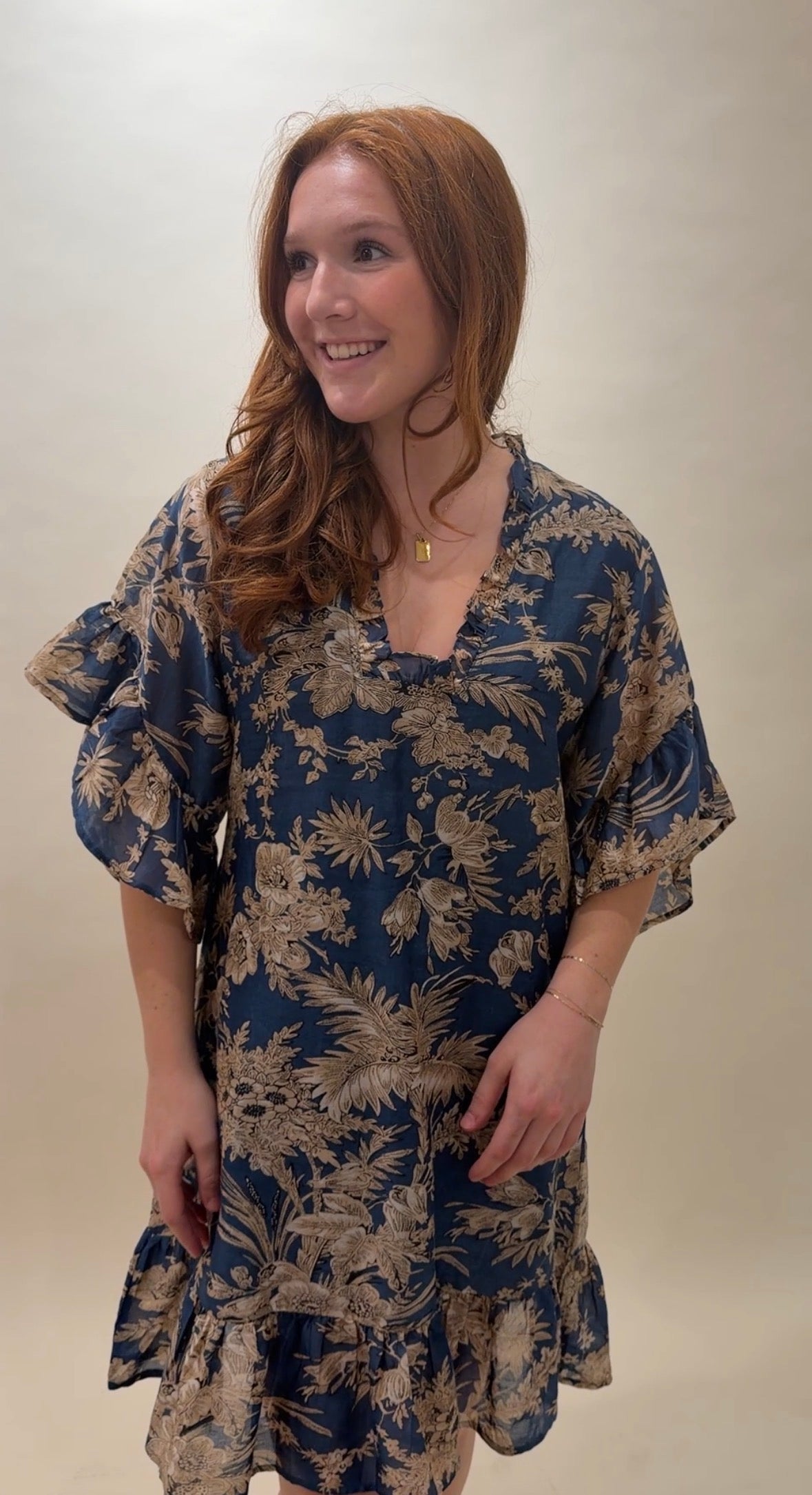 Toile Print Ruffled Cotton Caftan Mini