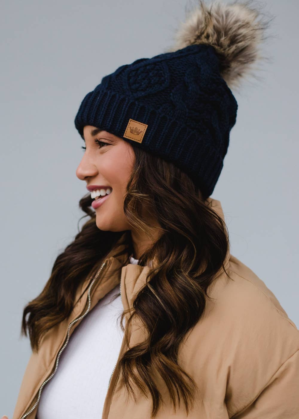 Navy Cable Knit Pom Beanie