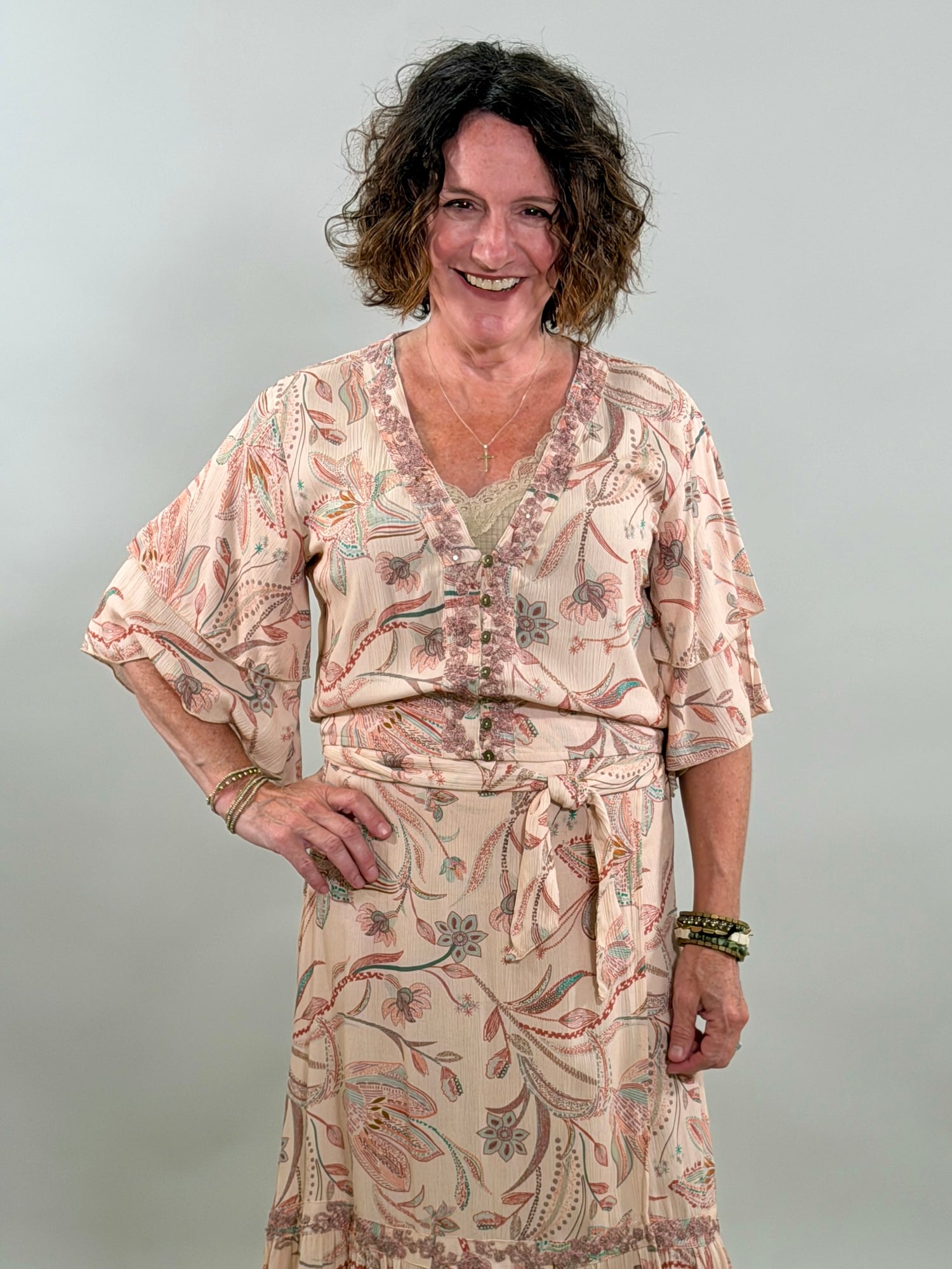 Floral Top with Sequin V Neck