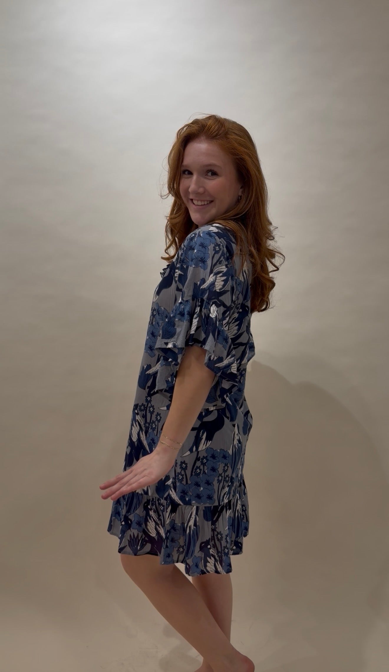 Indigo Bird Print Ruffle-Sleeve Caftan Mini