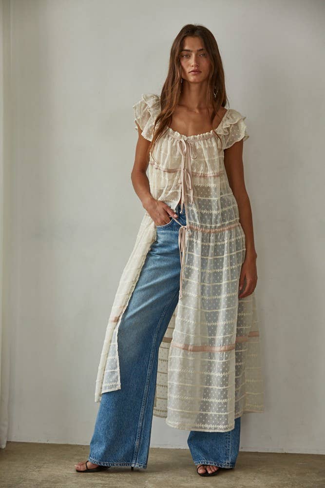 Woven See Through Open Front Flare Maxi Dress