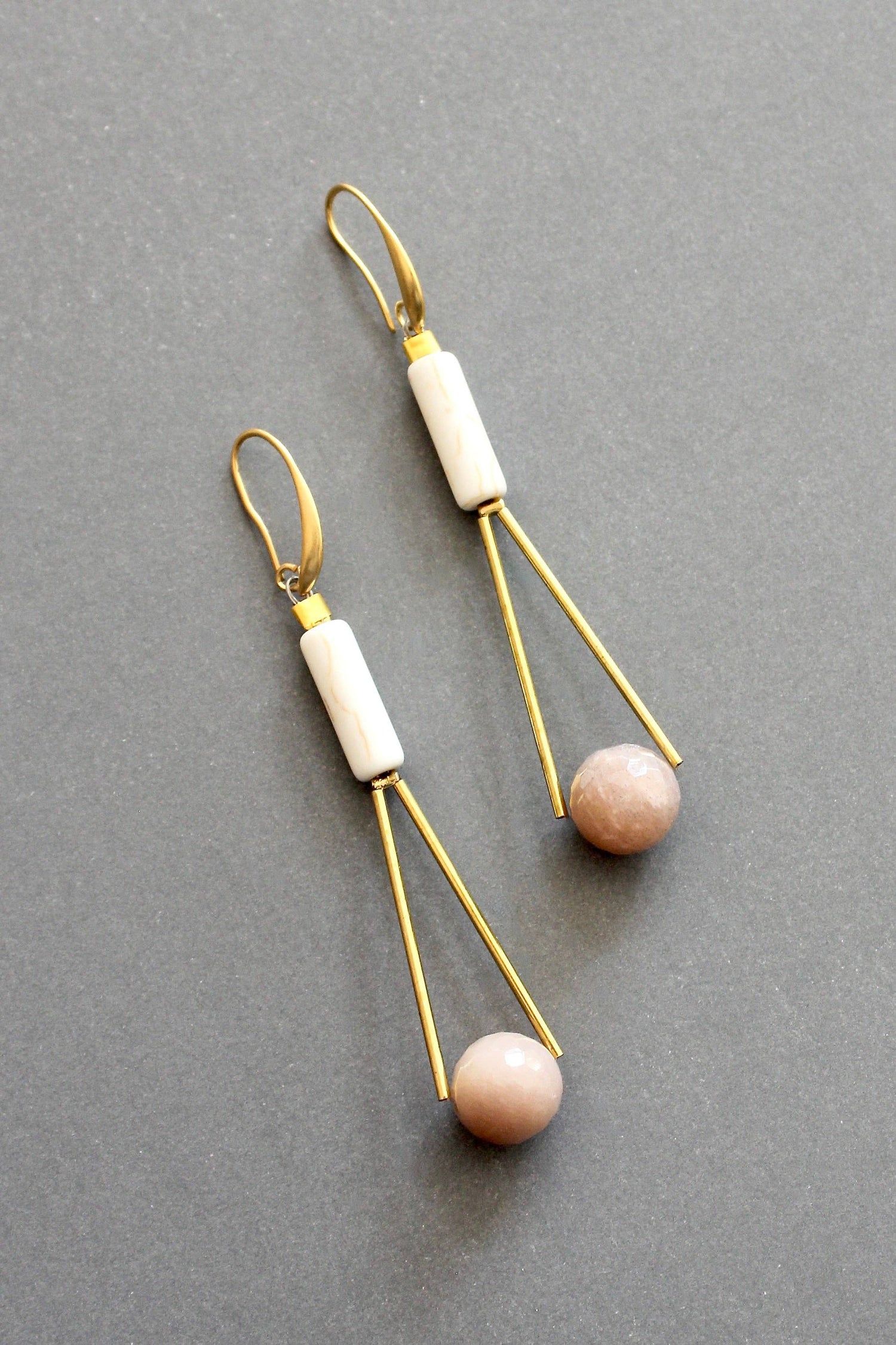 Peach Moonstone Geometric Dangle Earrings