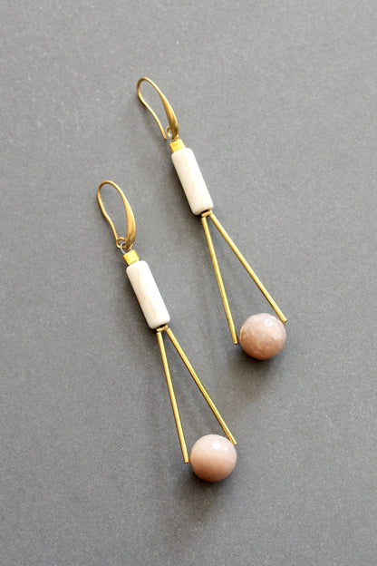 Peach Moonstone Geometric Dangle Earrings