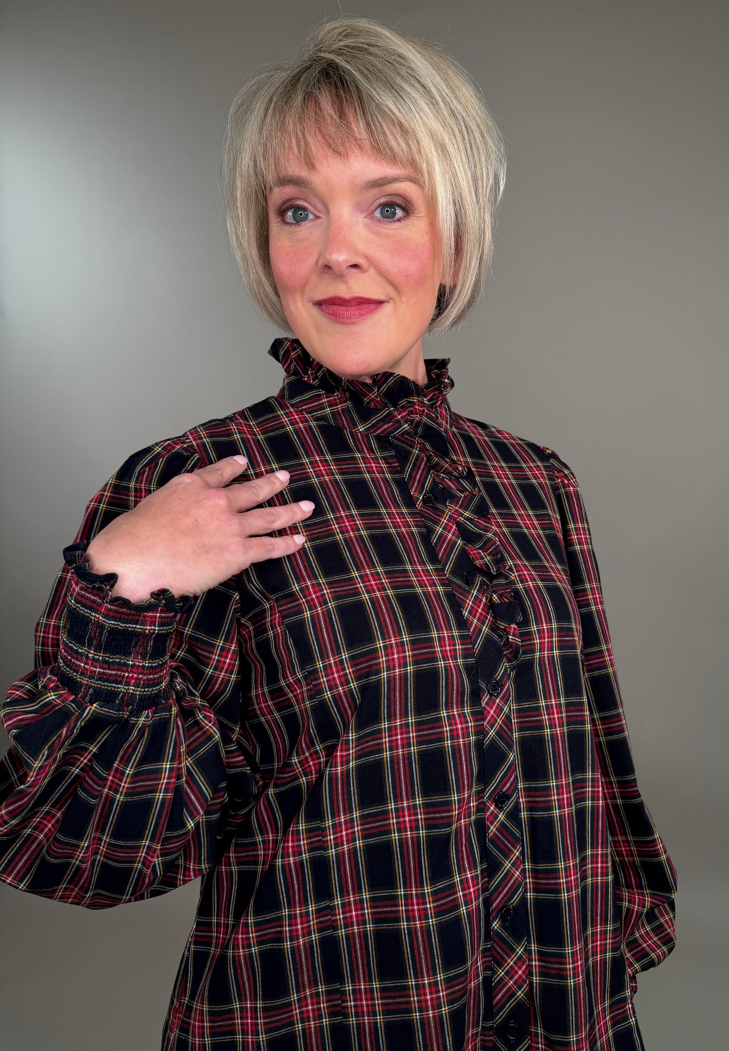 Feminine High Ruffle Neck Button-Down Plaid Blouse