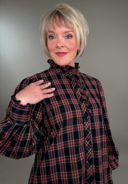 Feminine High Ruffle Neck Button-Down Plaid Blouse