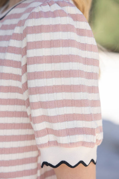 Contrast Band Detailed Striped Knit Top