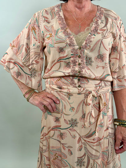 Floral Top with Sequin V Neck