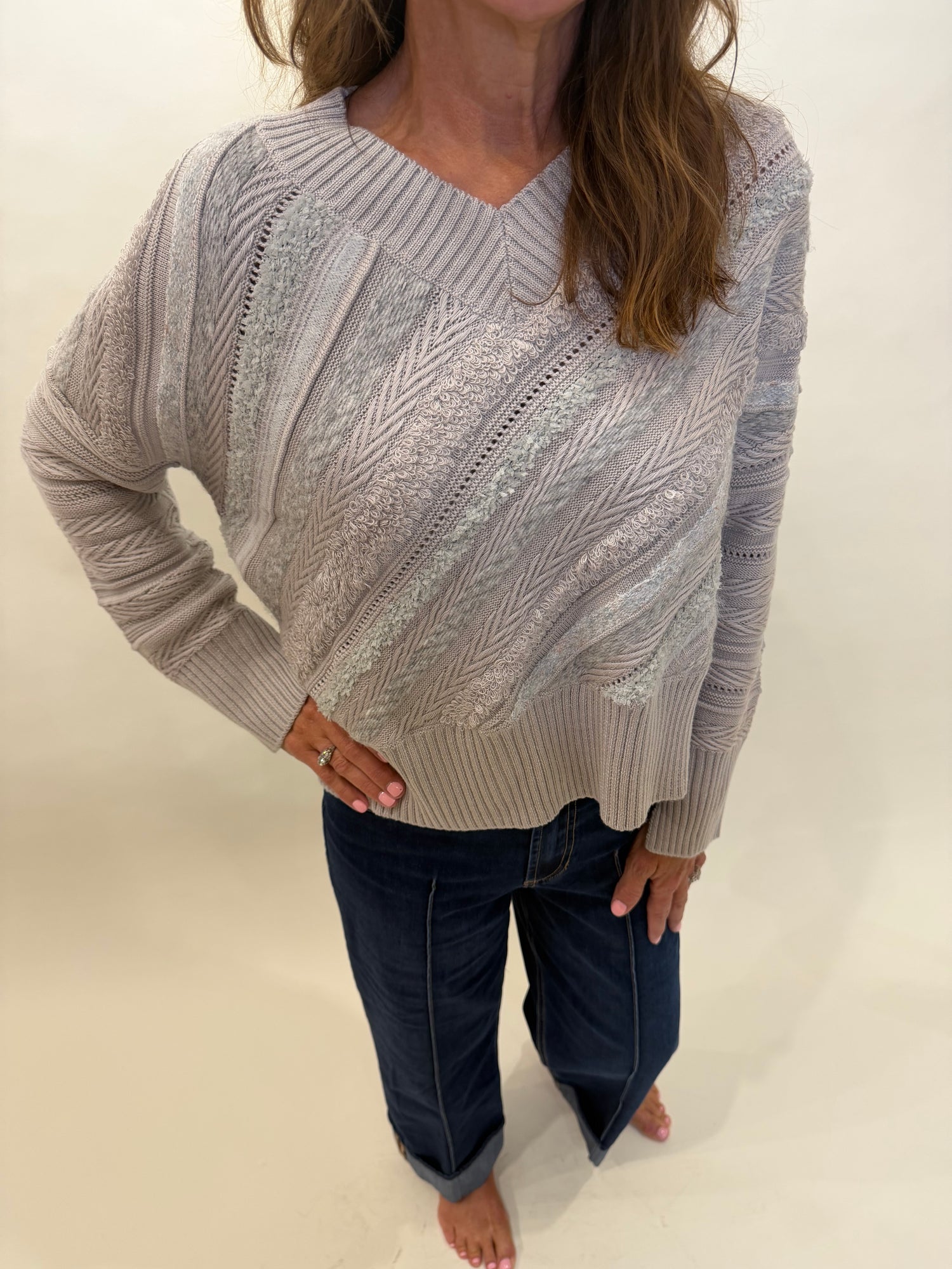 Mixed Media V-Neck Sweater