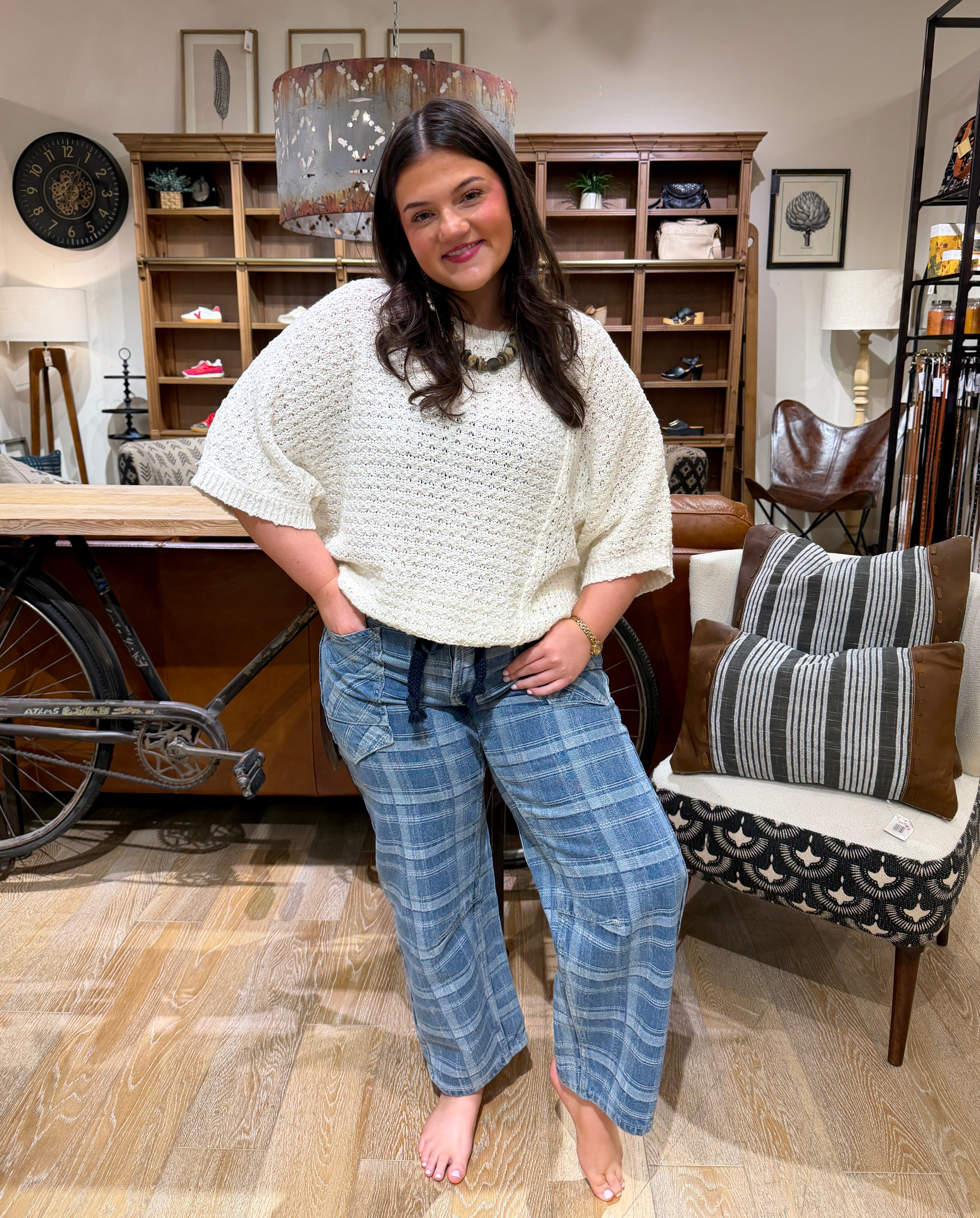 Plaid Semi Barrel Jeans with Tie Belt