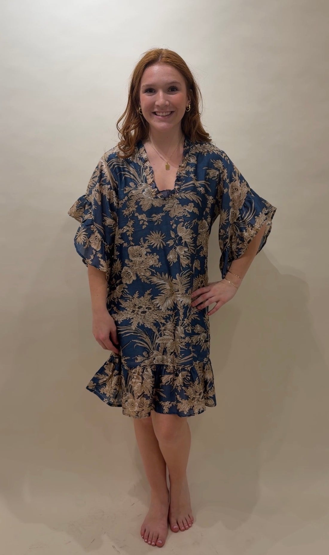 Toile Print Ruffled Cotton Caftan Mini