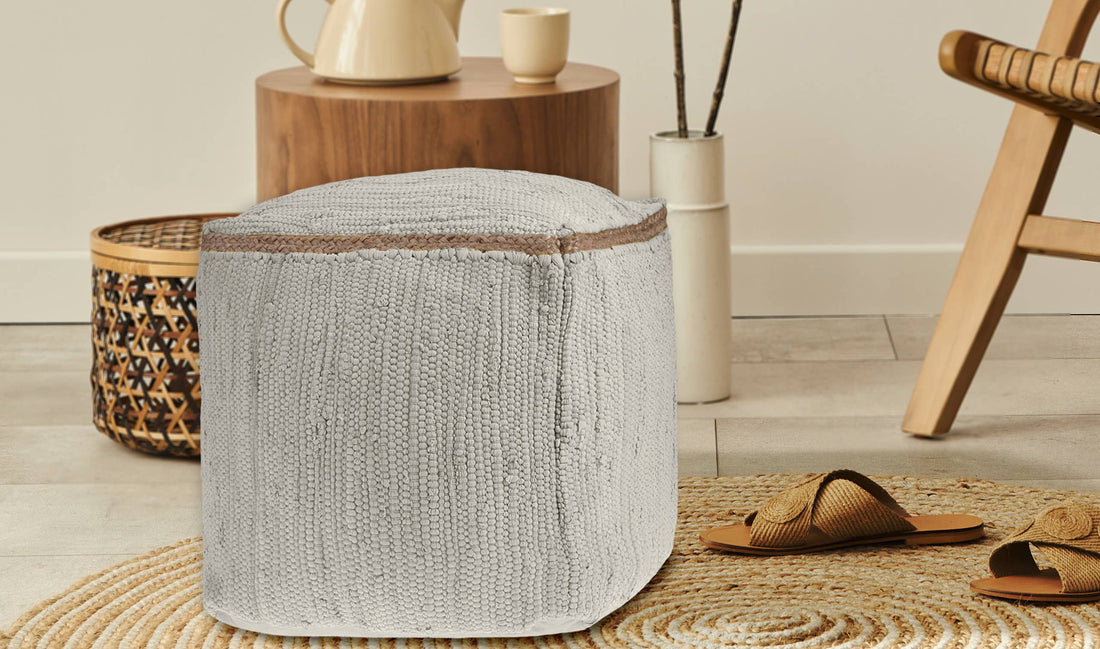 Hand-Loomed Organic Cotton Pouf with Jute Braid