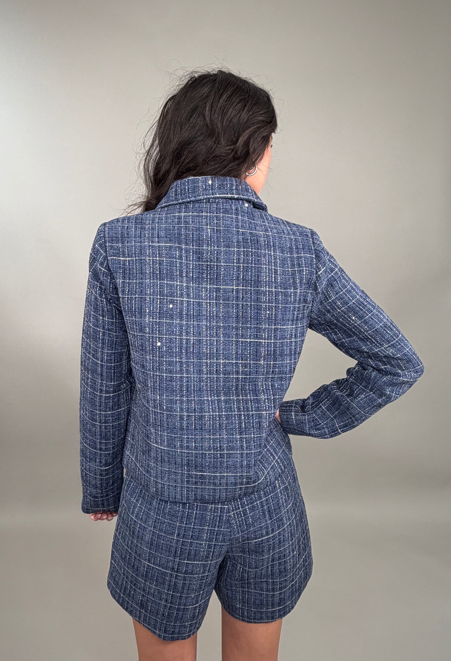 Chic Plaid Tweed Shirt Jacket with Sparkle Details
