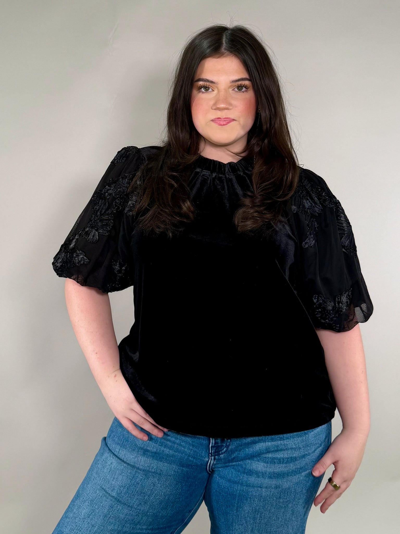 Black Velvet Blouse with Textured Puff Sleeves
