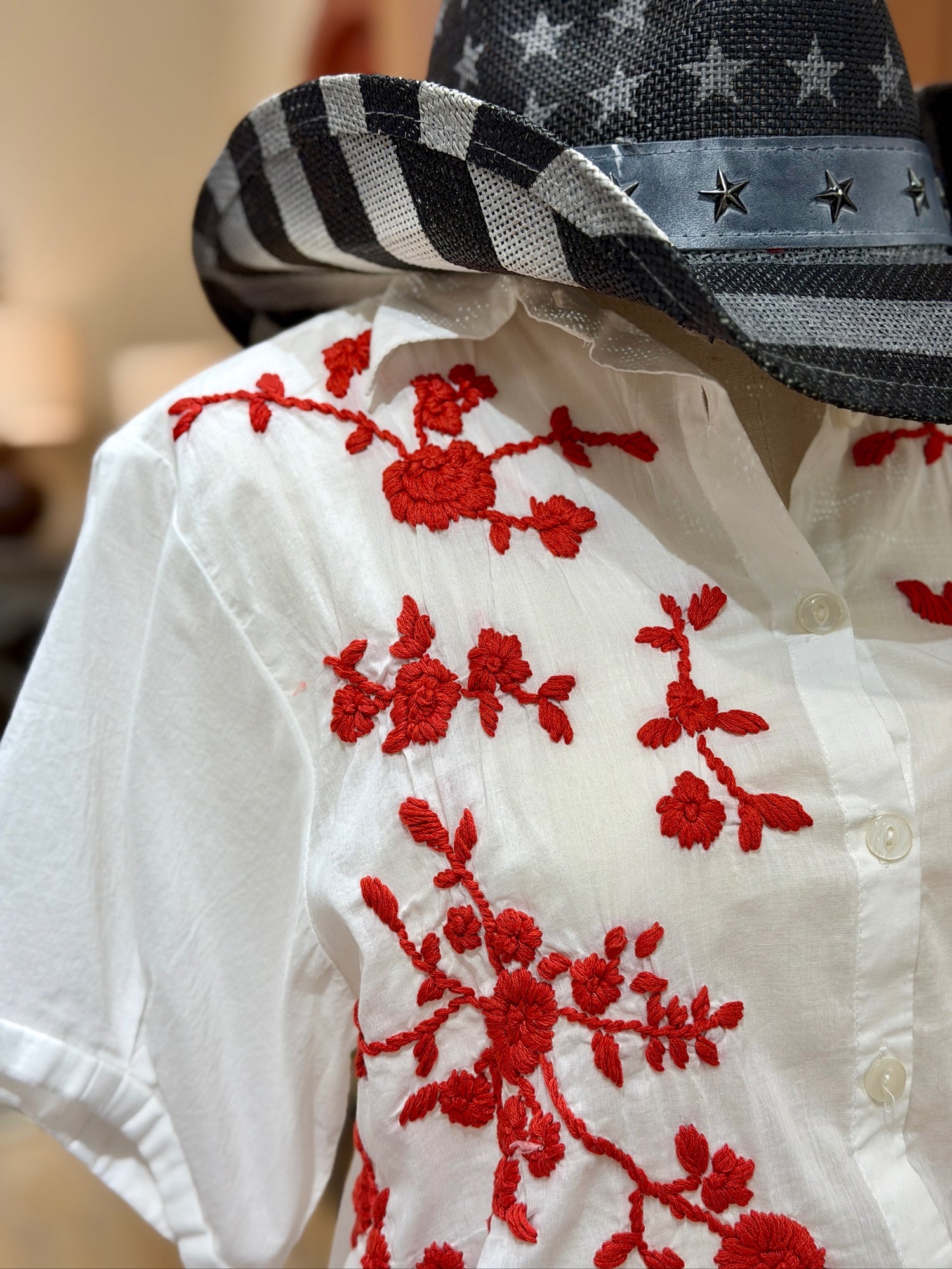 White Blouse with Red Embroidery